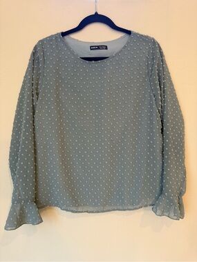 SHEIN Sage Green Swiss Dot Long Sleeve Ruffle Cuff Blouse